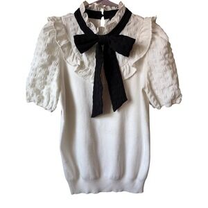 Alice Blue White Black Bow Ruffle Neck Puff Sleeve Knit Sweater Top Medium
